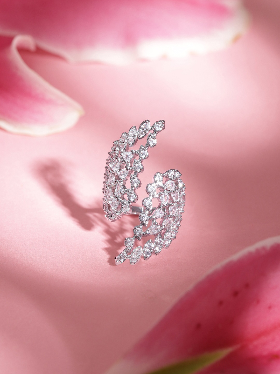 

Rubans Rhodium-Plated CZ-Studded Finger Ring, Silver