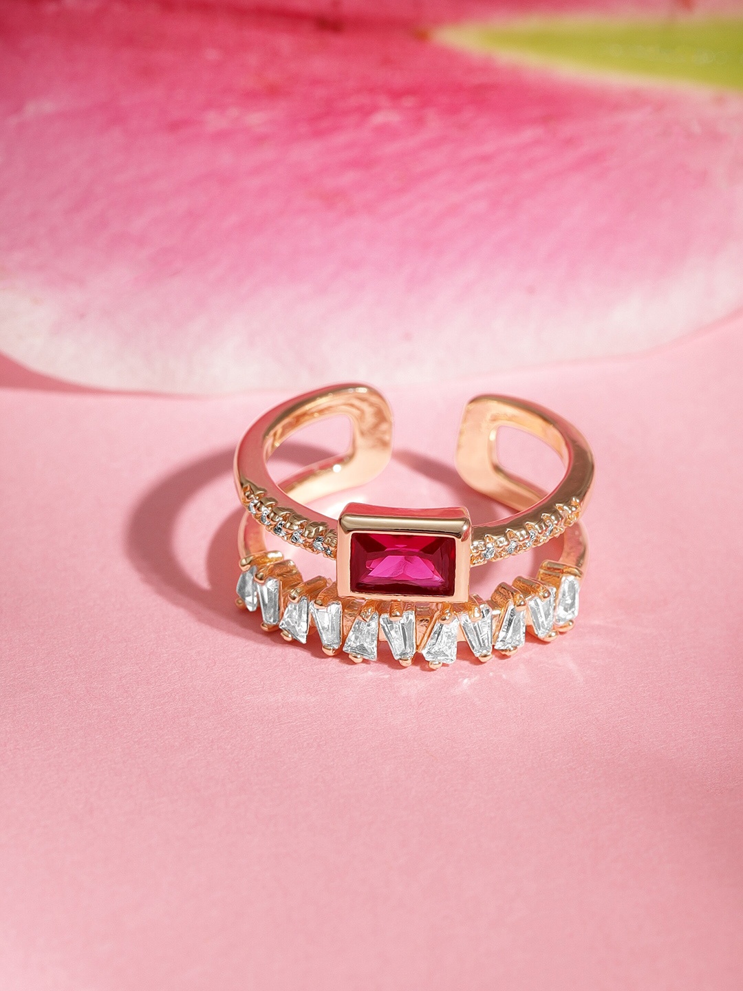 

Rubans Rose Gold-Plated Cubic Zirconia Studded Adjustable Finger Ring