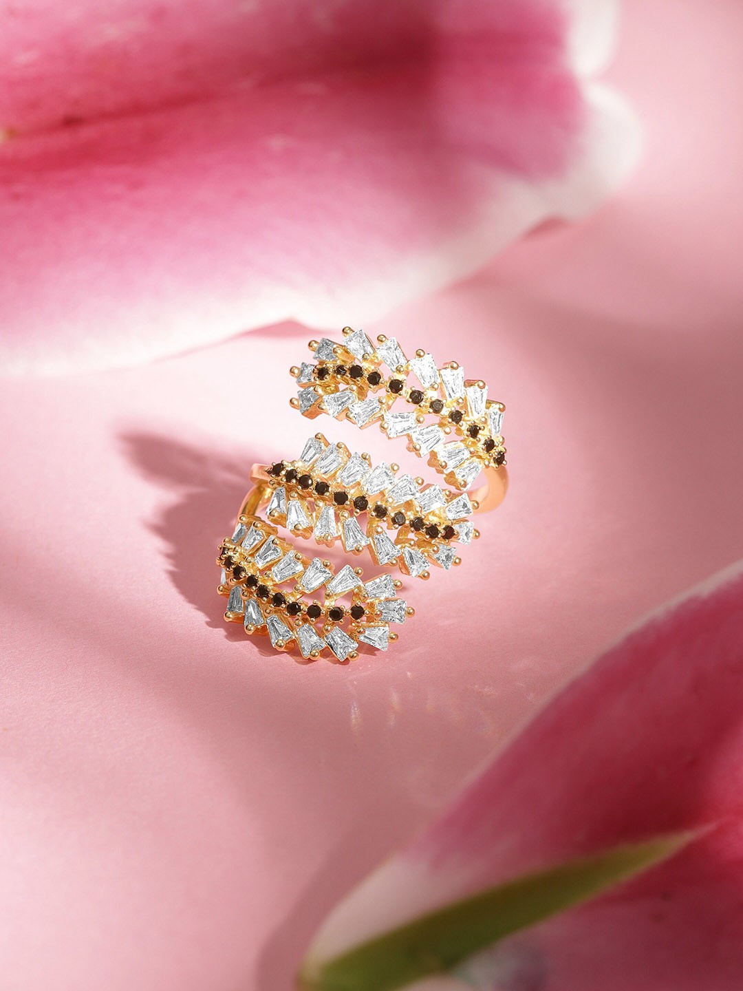 

Rubans 18K Gold-Plated CZ Studded Staircase To Heaven Layered Finger Ring