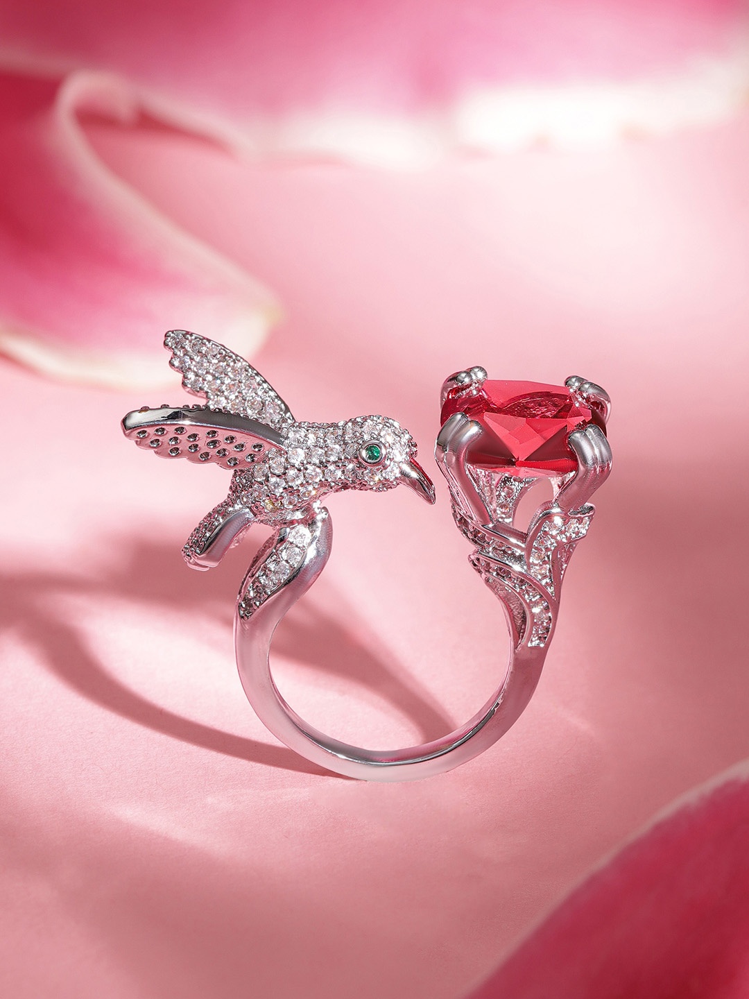 

Rubans Rhodium-Plated Stainless Steel Anti-Tarnish Waterproof Ruby & Zirconia Ring, Silver