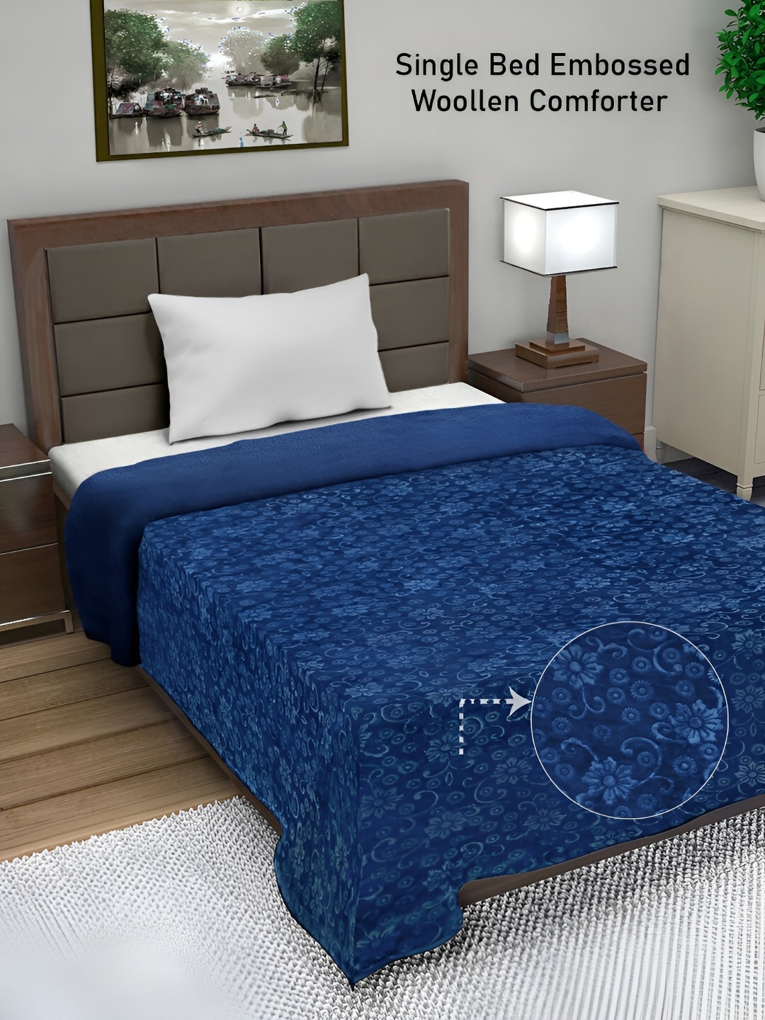 

FABINALIV Navy Blue Floral Mild Winter 500 GSM Embossed Woollen Single Bed Comforter