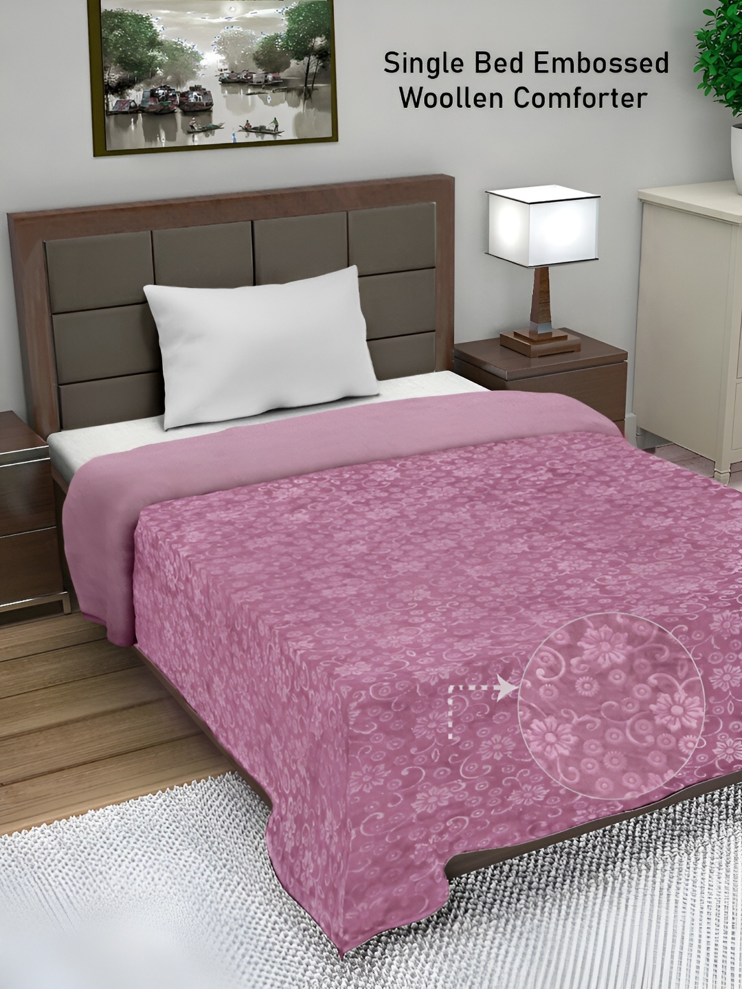 

FABINALIV Floral Mild Winter 500 GSM Embossed Woollen Single Bed Comforter, Pink