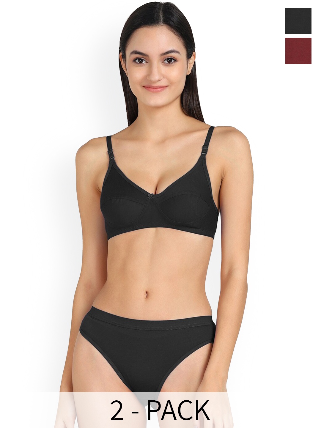 

AROUSY Pack Of 2 Mid-Rise Cotton Bra Panty Lingerie Sets, Black