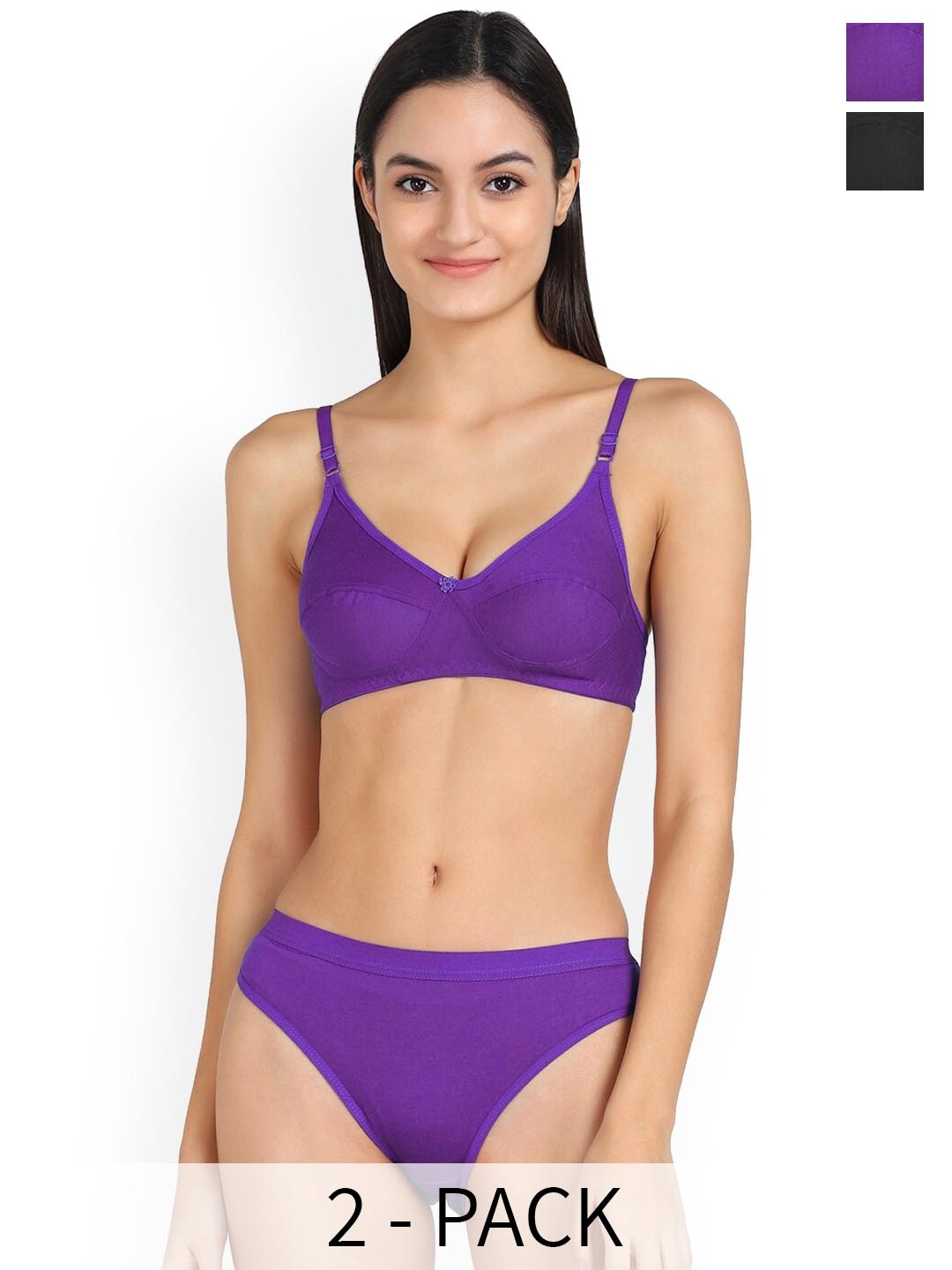 

AROUSY Pack Of 2 Mid-Rise Cotton Bra Panty Lingerie Sets, Purple
