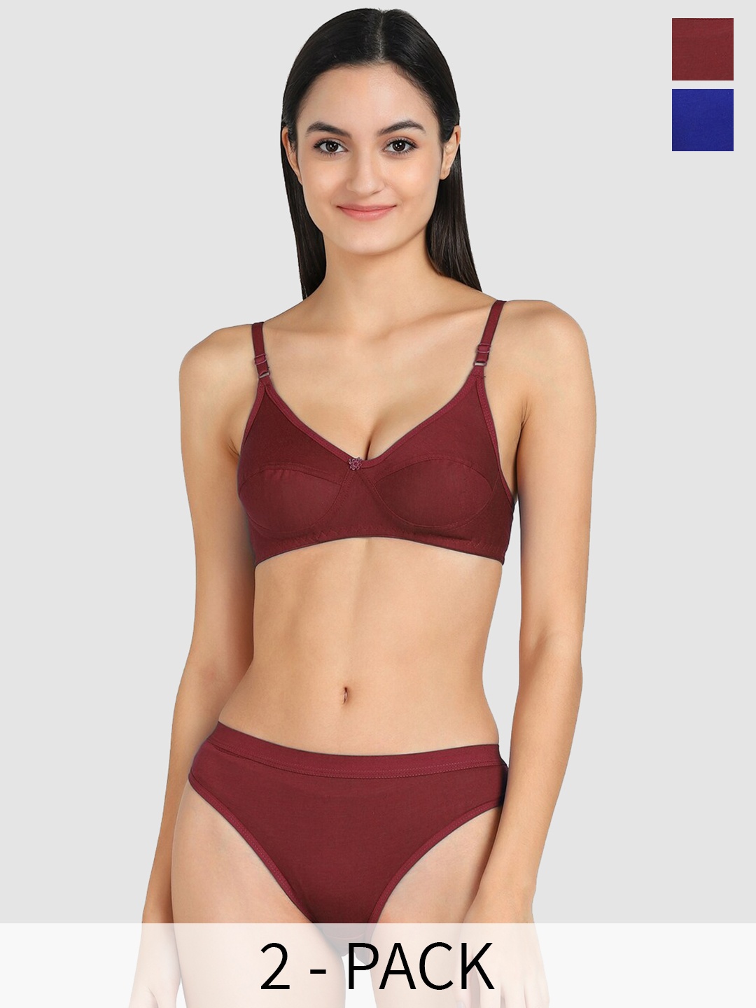 AROUSY Pack Of 2 Mid-Rise Cotton Lingerie Set, Blue
