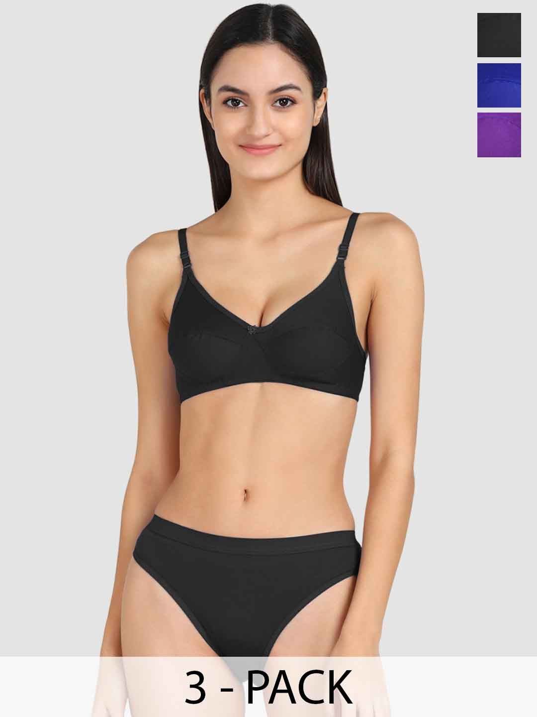 

PIBU Pack Of 3 Mid-Rise Non Padded Cotton Lingerie Set, Blue