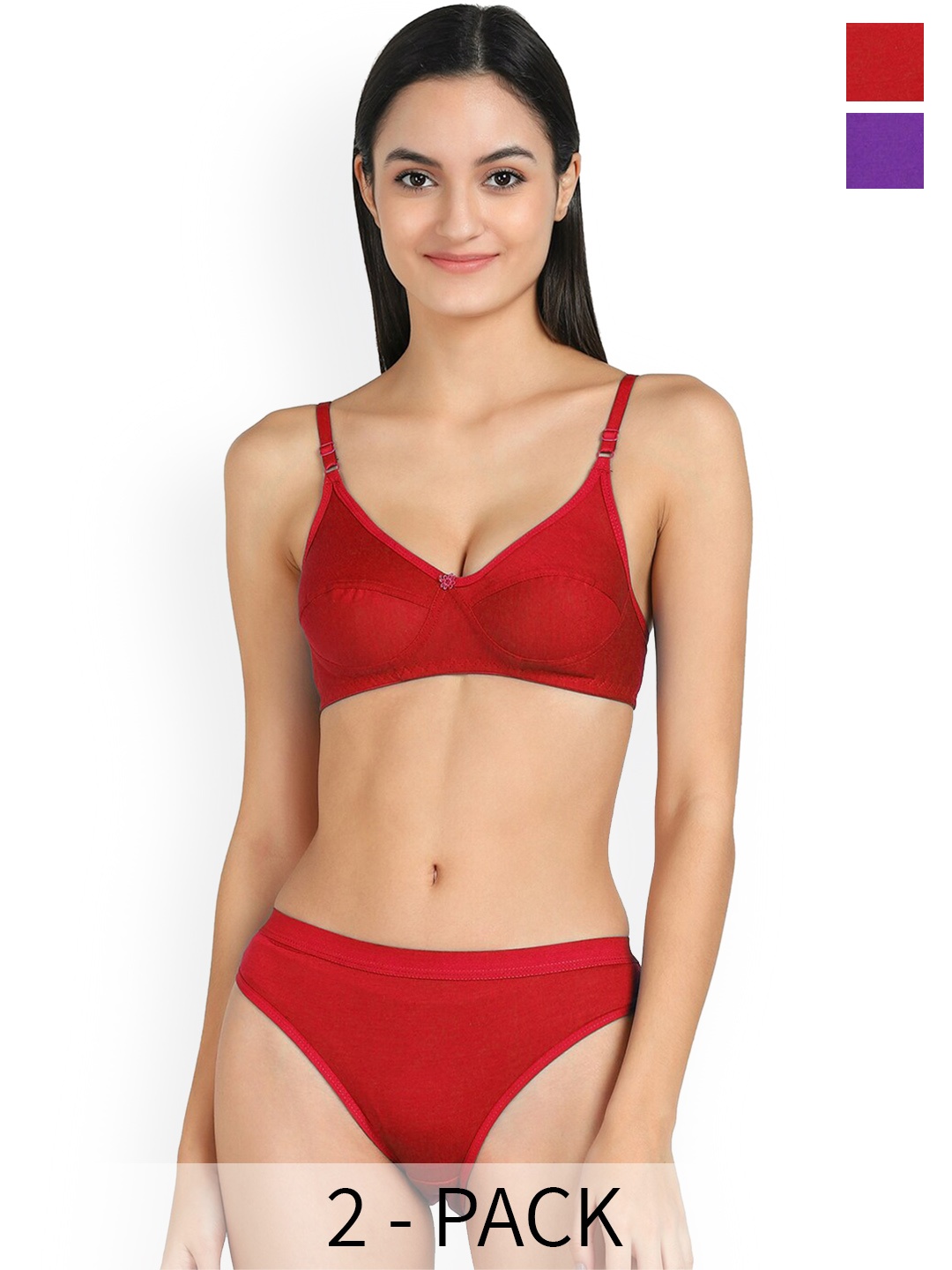 

PIBU Pack Of 2 Mid-Rise Cotton Bra Panty Lingerie Sets, Red