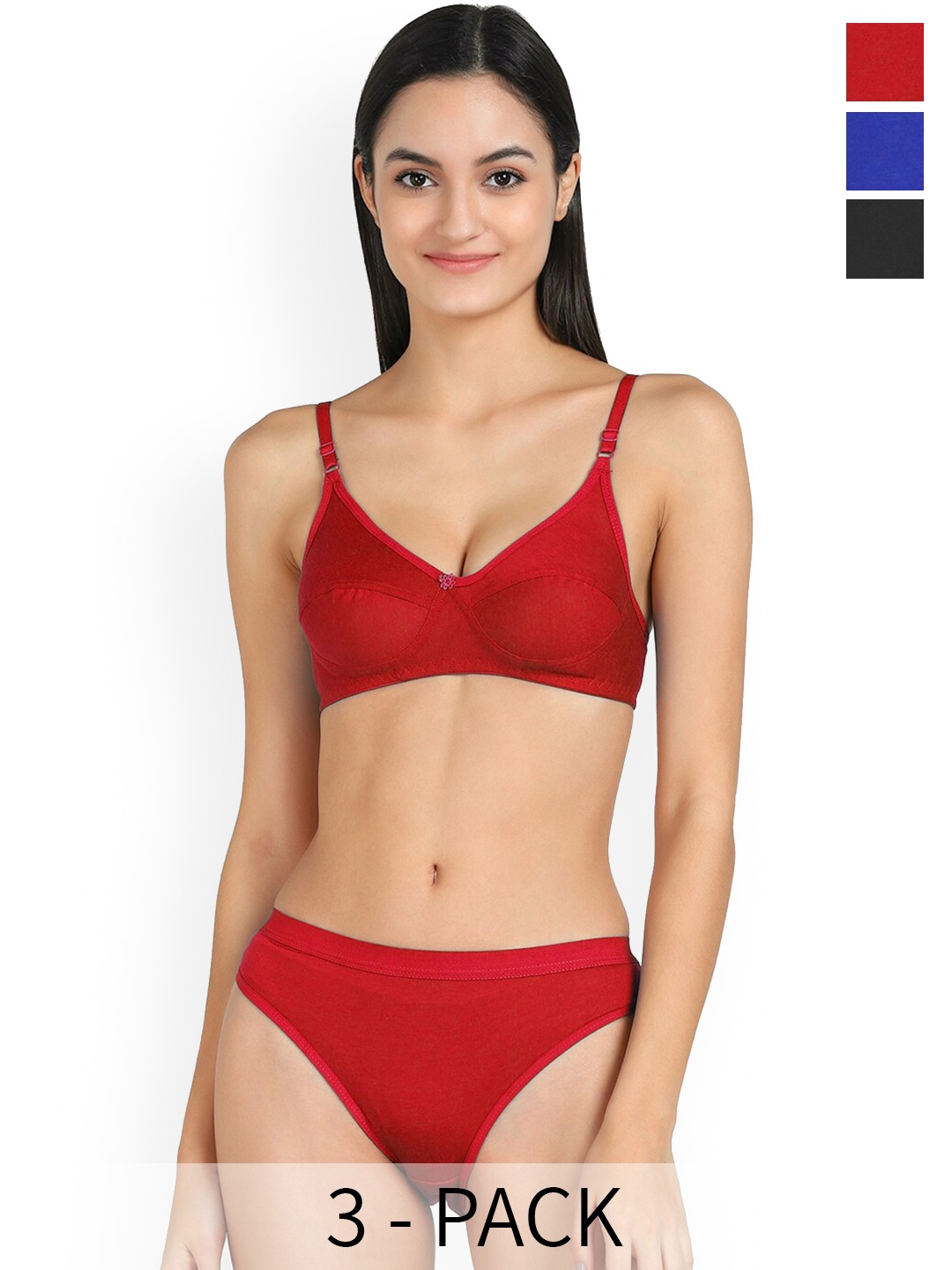 

PIBU Pack Of 3 Non Padded Cotton Lingerie Set, Red