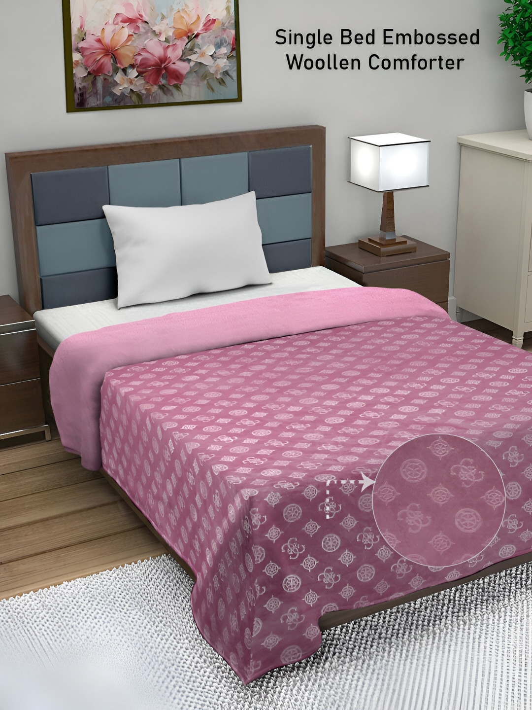 

FABINALIV Pink Geometric Print Mild Winter 500 GSM Embossed Woollen Single Bed Comforter