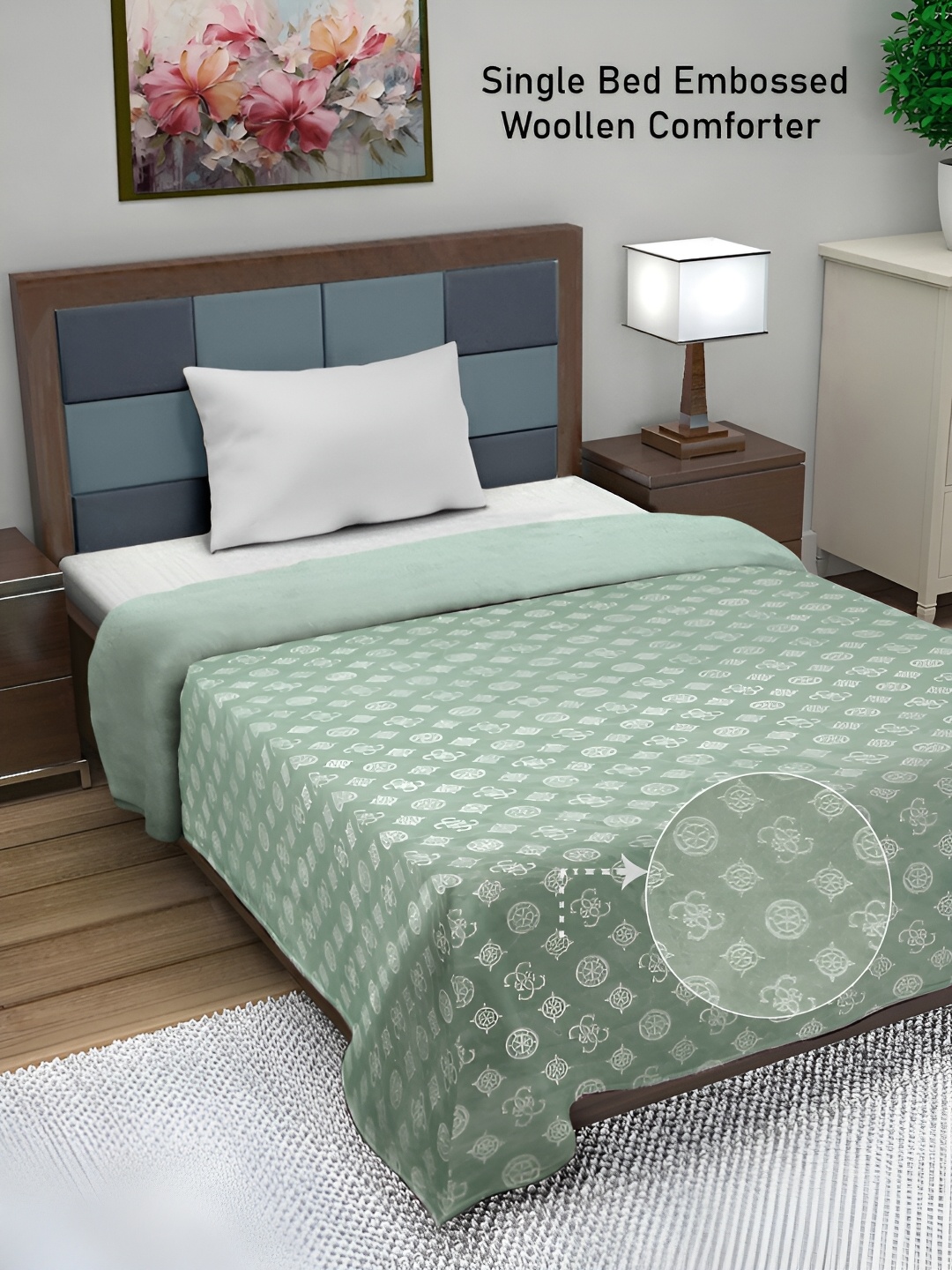 

FABINALIV Green Ethnic Motifs Woollen Mild Winter 500 GSM Single Bed Comforter