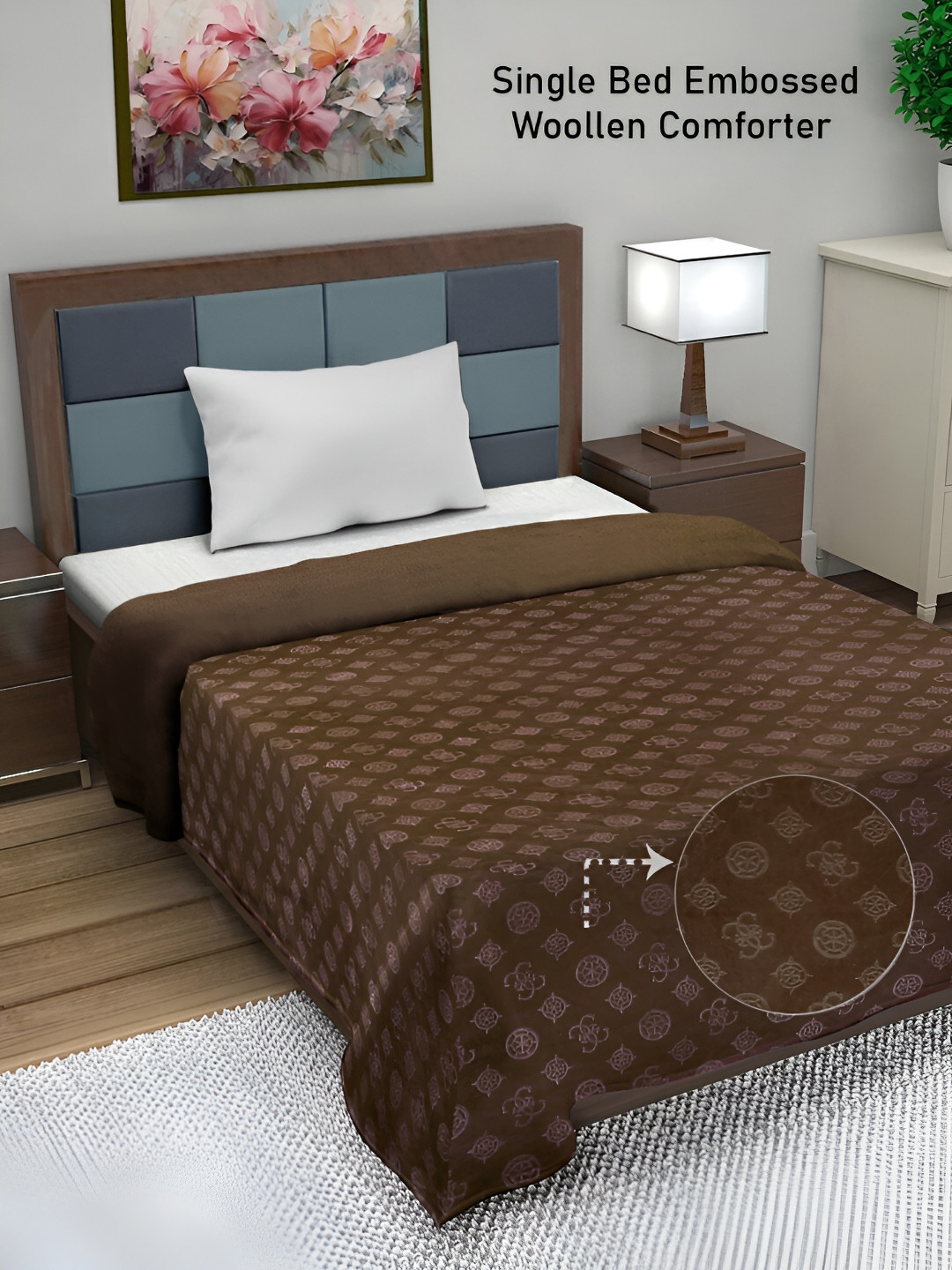 

FABINALIV Chocolate Geometric Mild Winter 500 GSM Embossed Woollen Single Bed Comforter, Brown