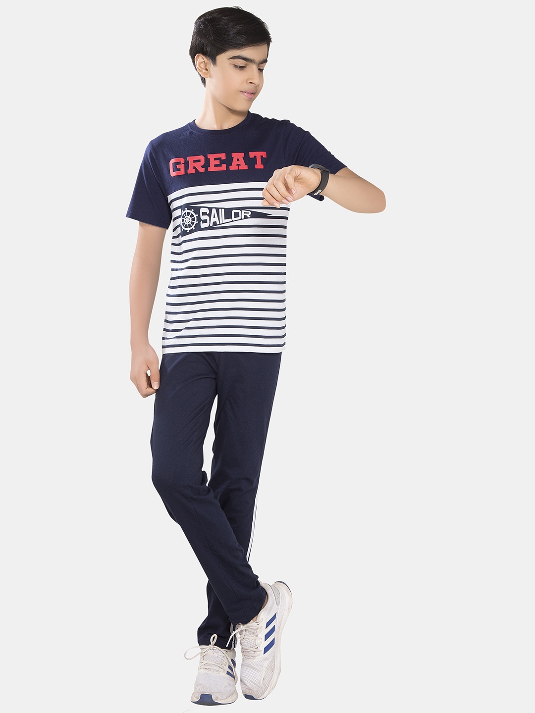 

BAESD Boys Striped Pure Cotton T-shirt with Trousers, Navy blue
