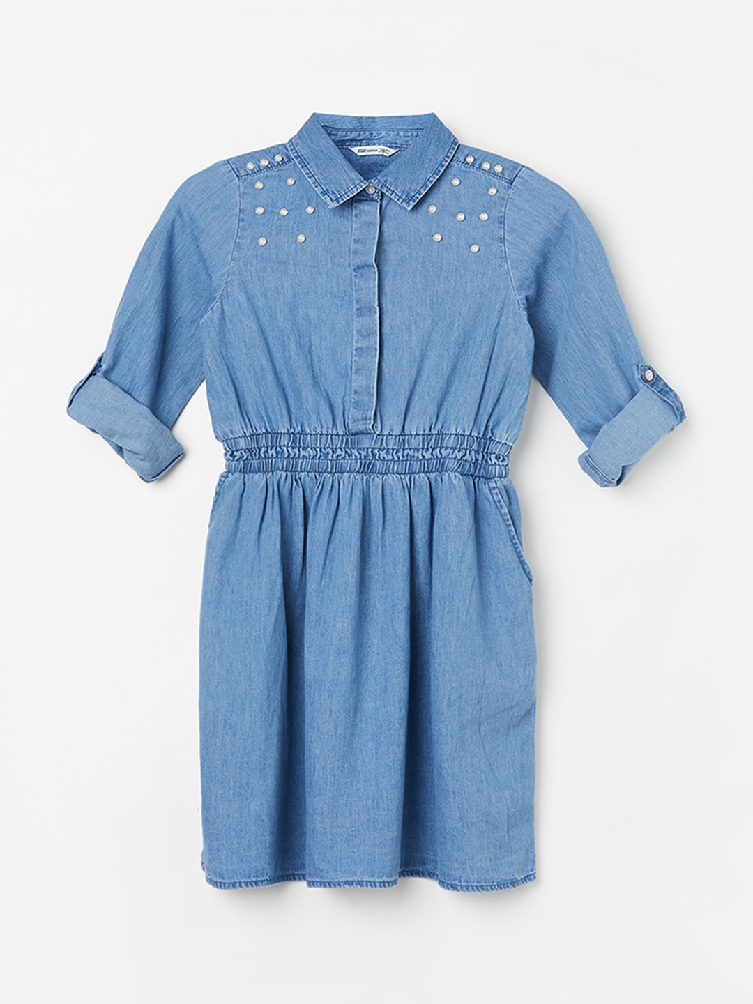 

Fame Forever by Lifestyle Girls Roll-Up Sleeves Smocked Shirt Style Dress, Blue