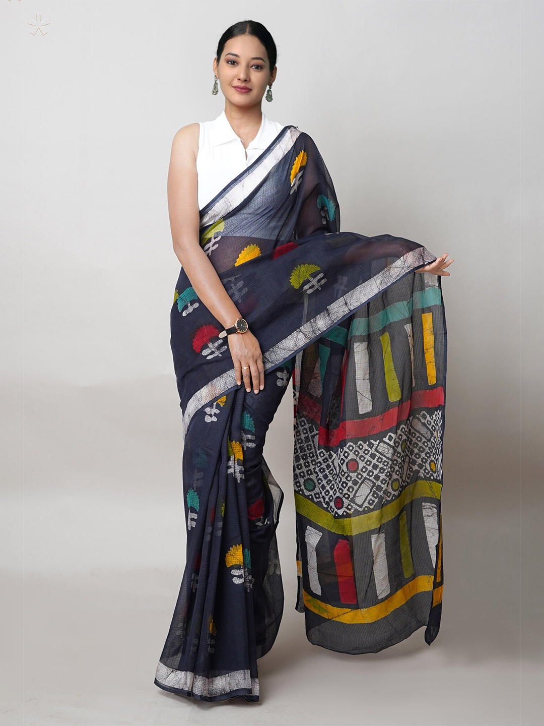 

Unnati Silks Batik Printed Pure Cotton Handloom Kota Saree, Navy blue
