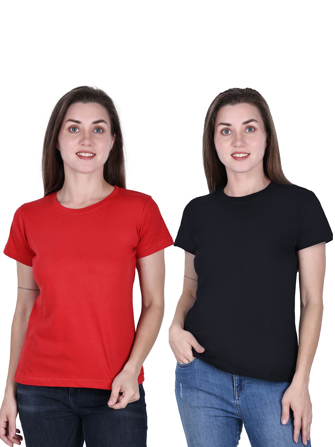 

DADNI FASHION Pack Of 2 Round Neck Pure Cotton T-shirt, Red