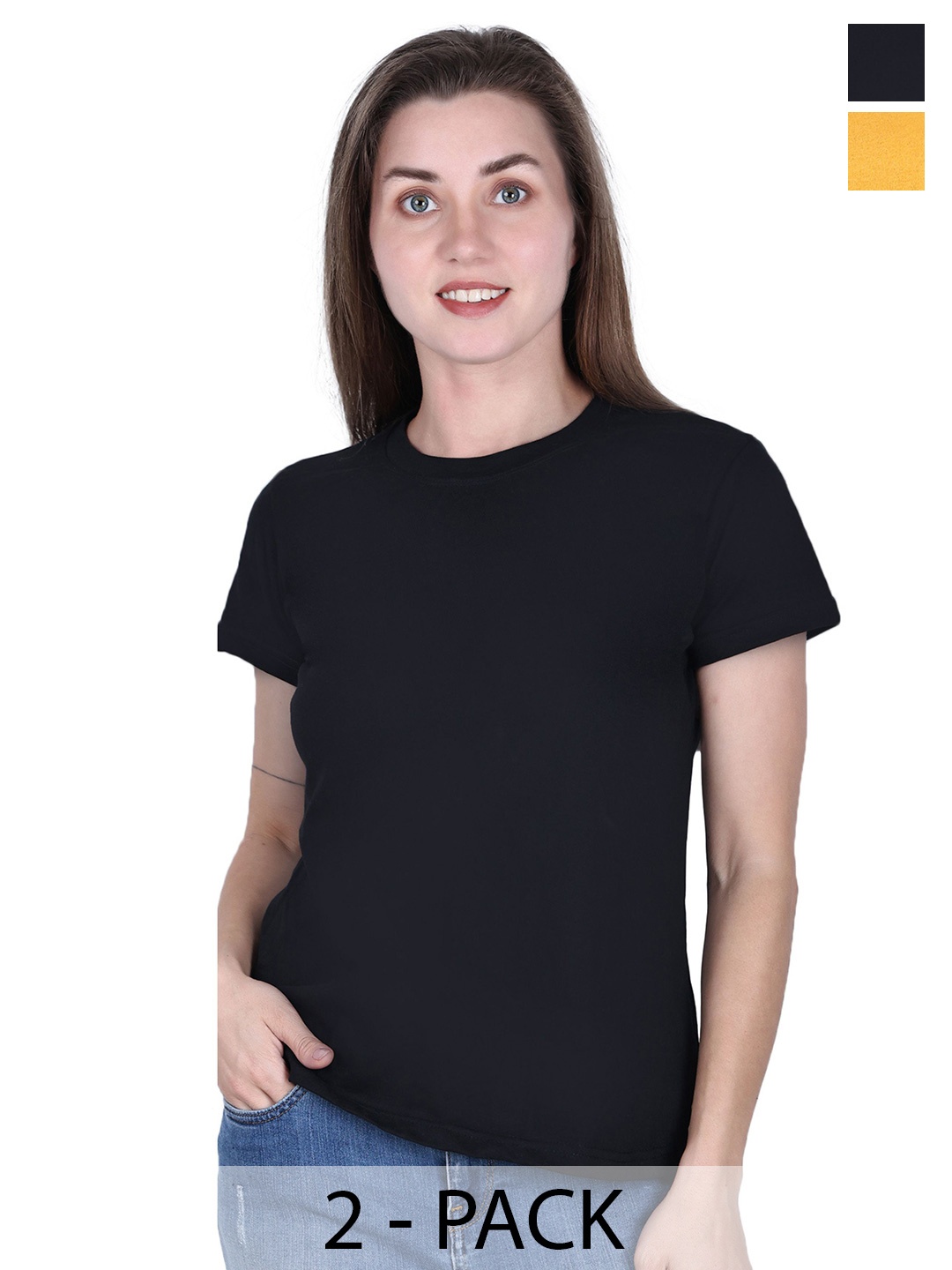 

DADNI FASHION Pack Of 2 Round Neck Pure Cotton T-shirt, Black