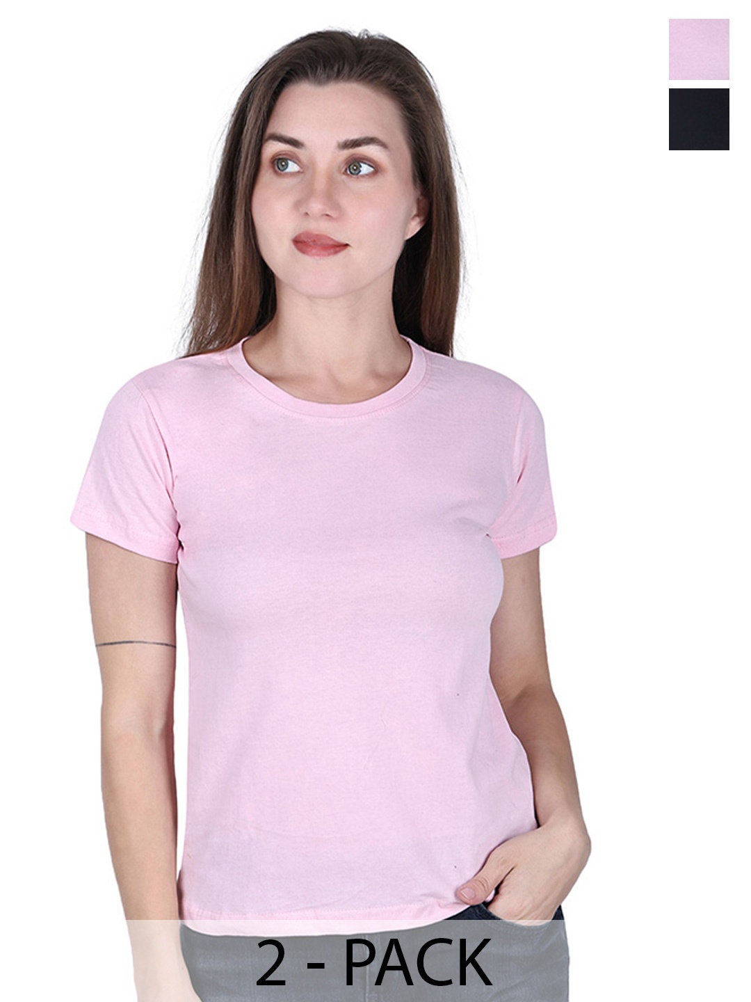 

DADNI FASHION Pack Of 2 Round Neck Pure Cotton T-shirt, Pink