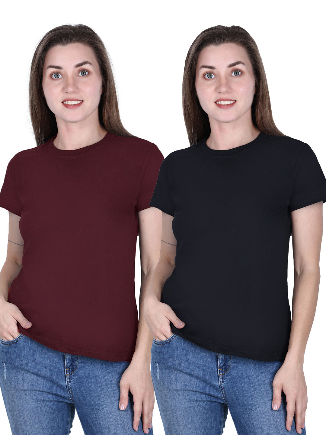 

DADNI FASHION Pack Of 2 Round Neck Pure Cotton T-shirt, Maroon