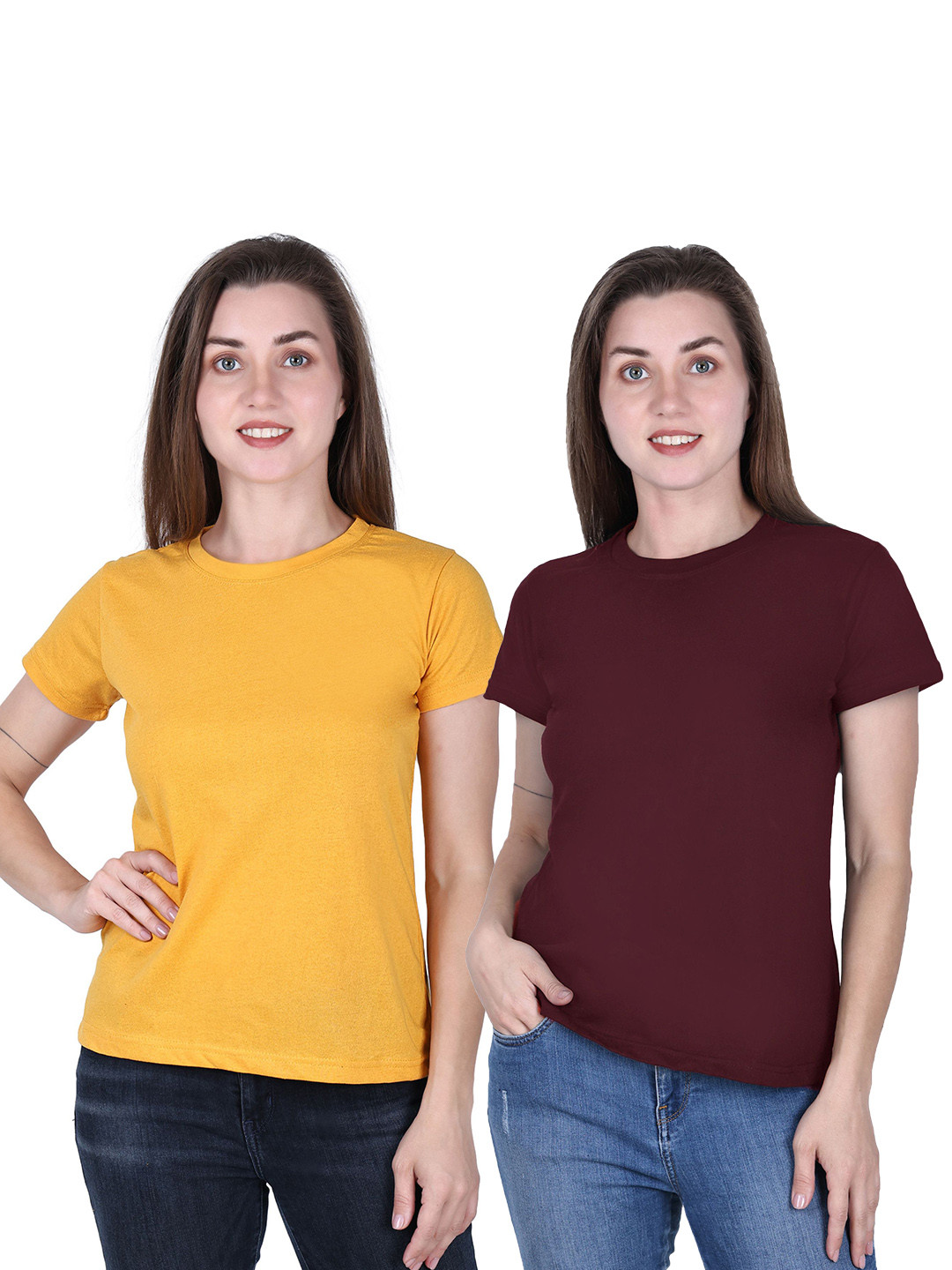 

DADNI FASHION Pack Of 2 Round Neck Pure Cotton T-Shirt, Yellow