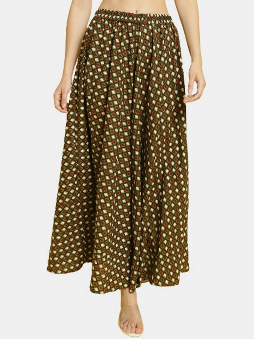 

Enchanted Drapes Geometric Printed Pure Cotton Flared Maxi Skirt, Green