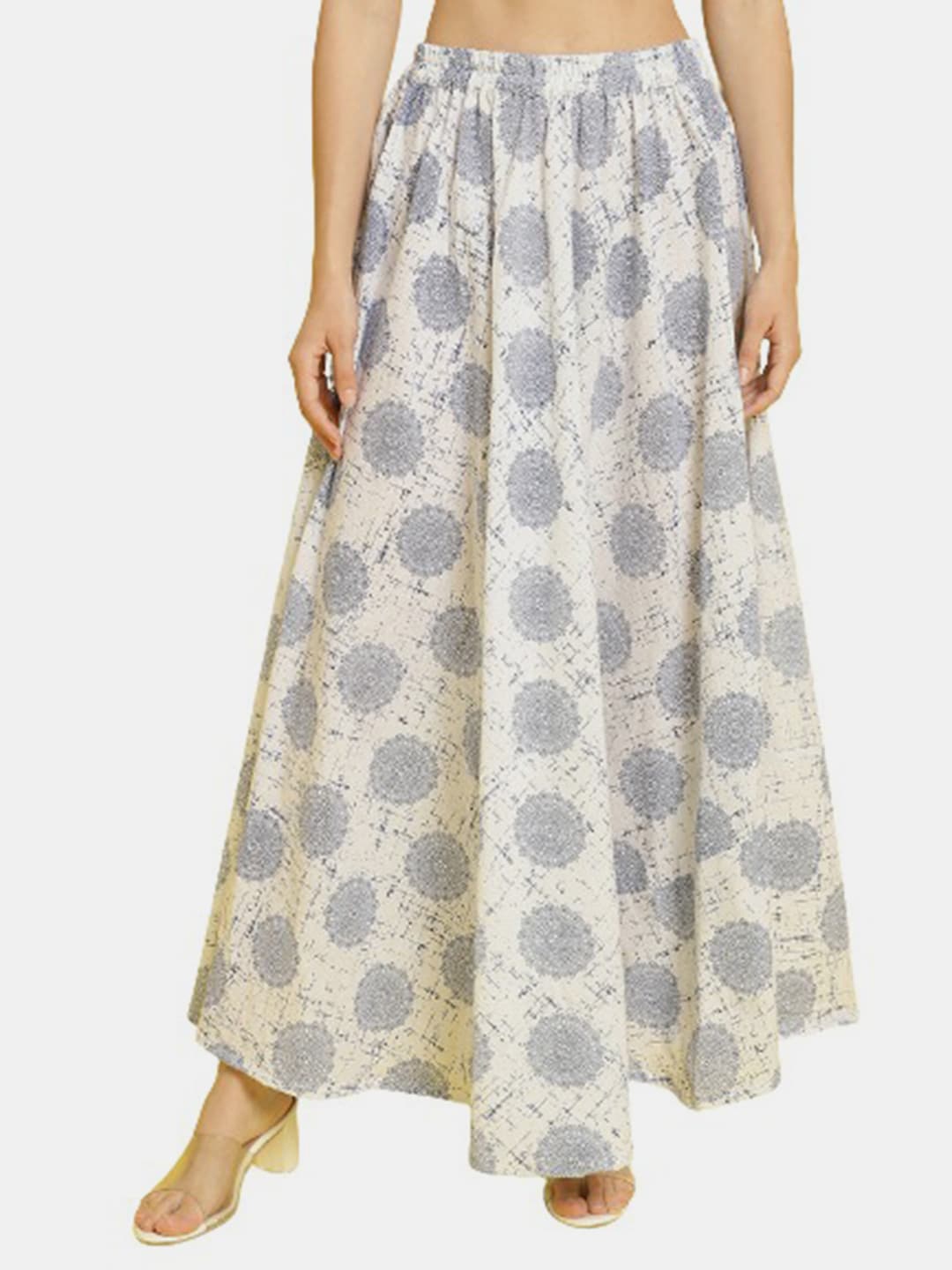 

Enchanted Drapes Ethnic Motif Printed Pure Cotton Flared Maxi Skirt, White