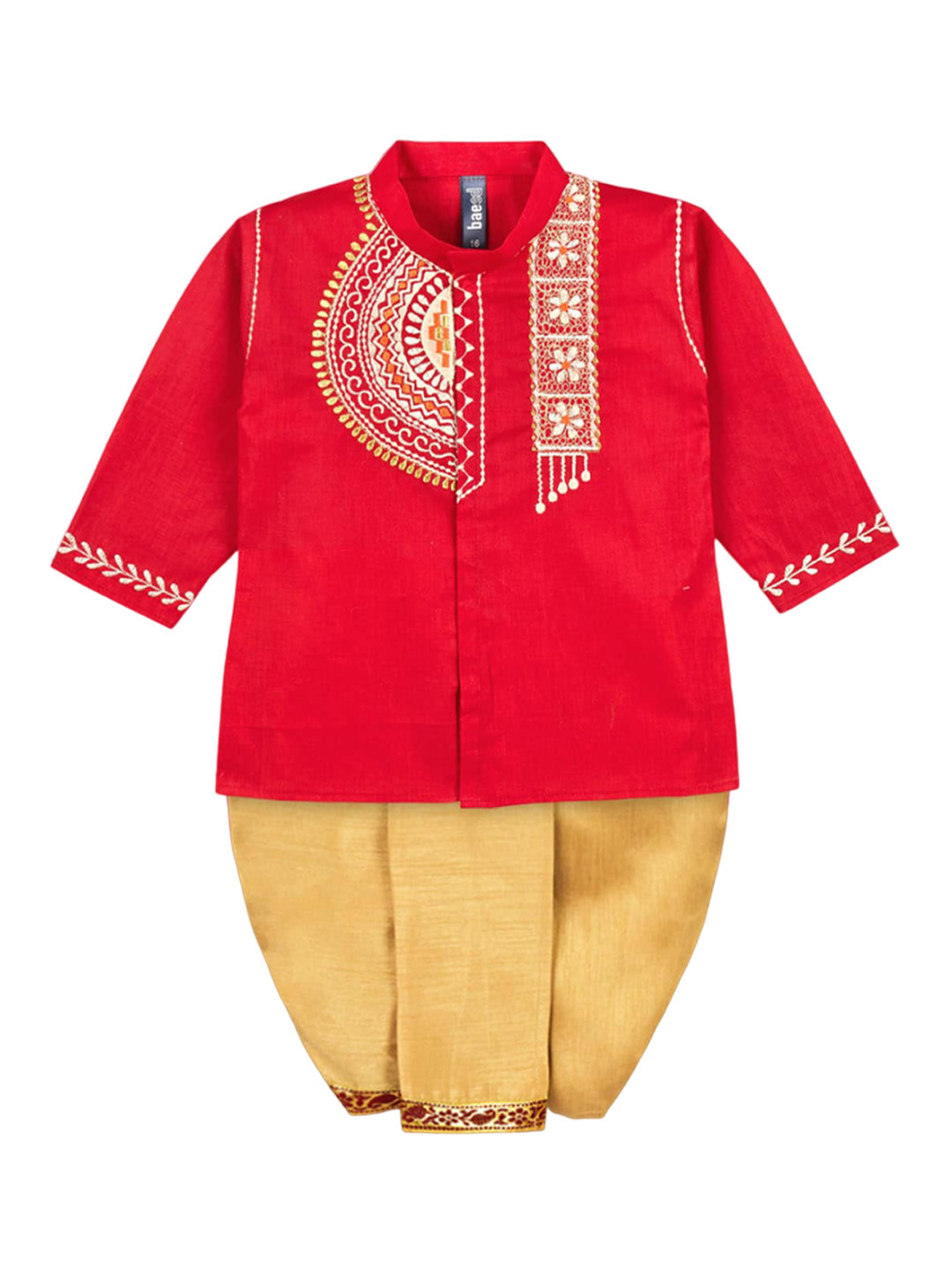 

BAESD Infant Boys Embroidered Regular Pure Cotton Kurta with Dhoti Pants, Red