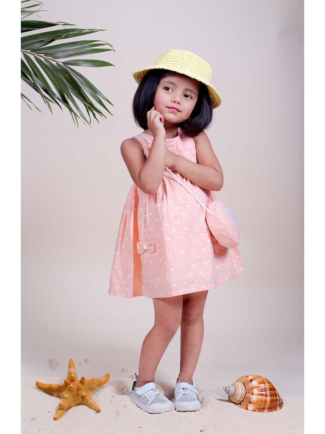 

Little Carrot Girls Conversational Printed Linen Cotton A-Line Dress With Bag, Peach