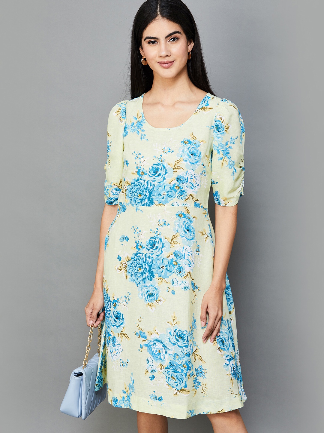 

CODE by Lifestyle Floral Printed Round Neck Short Sleeves Fit & Flare Dress, Yellow