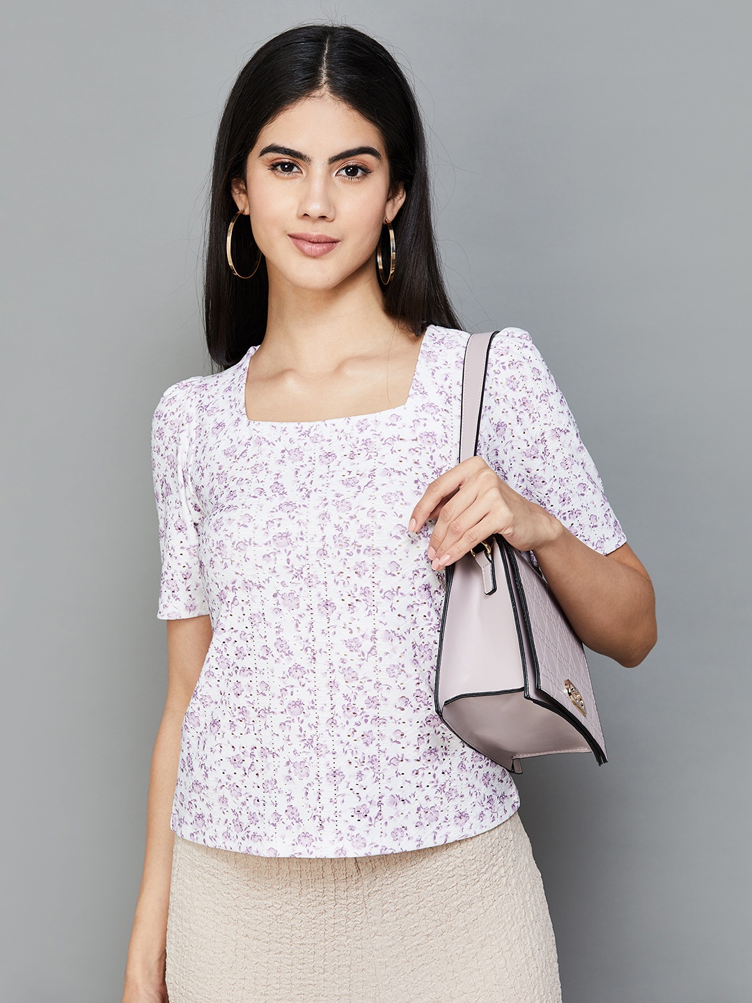 

CODE by Lifestyle Floral Printed Square Neck Top, Off white