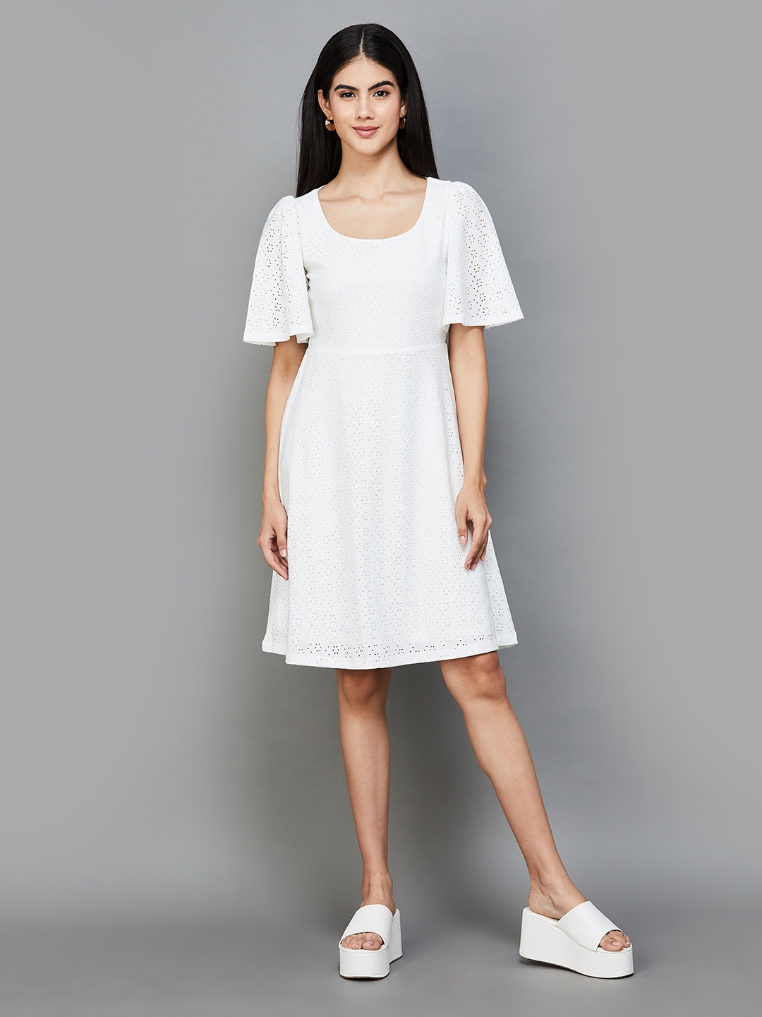 

CODE by Lifestyle Self Design Round Neck Flared Sleeves A-Line Dress, White