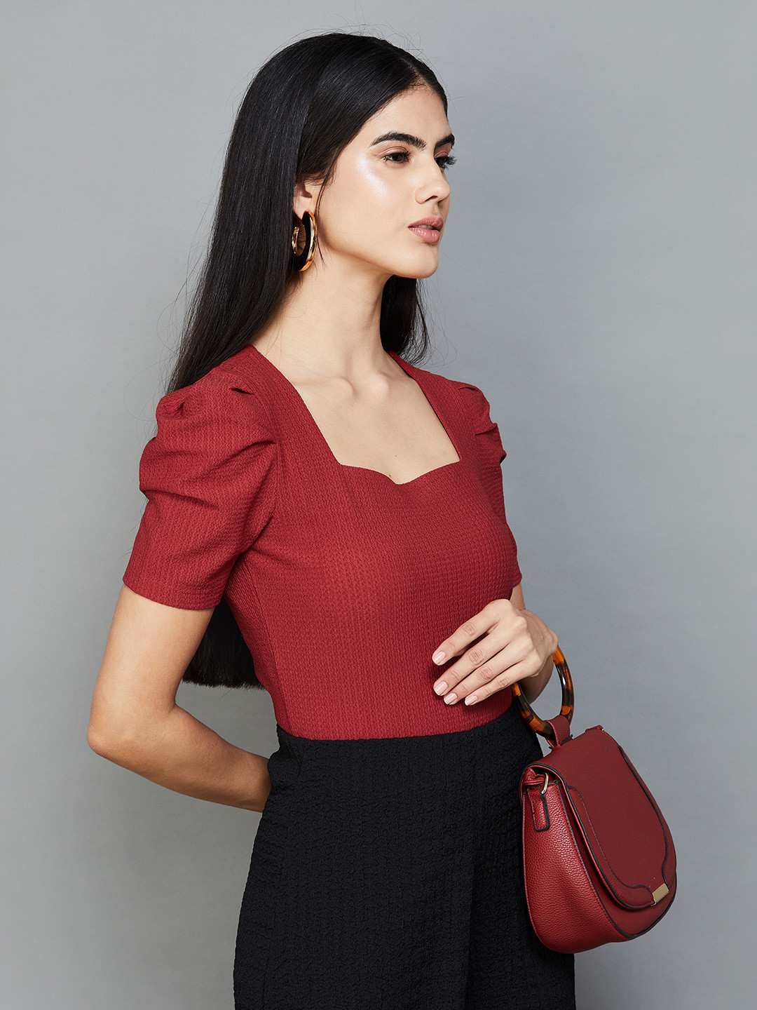 

CODE by Lifestyle Self Design Sweetheart Neck Puff Sleeves Fitted Top, Red