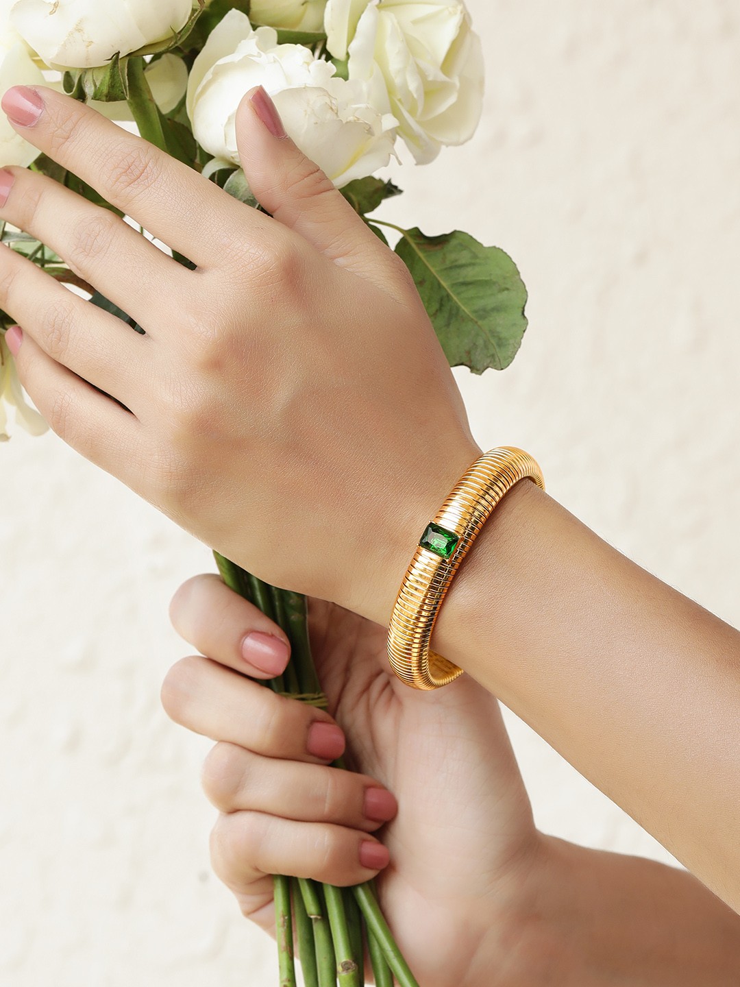 

Rubans Voguish 18K Gold Plated Stainless Steel Tarnish Free Demi-Fine Emerald Bracelet