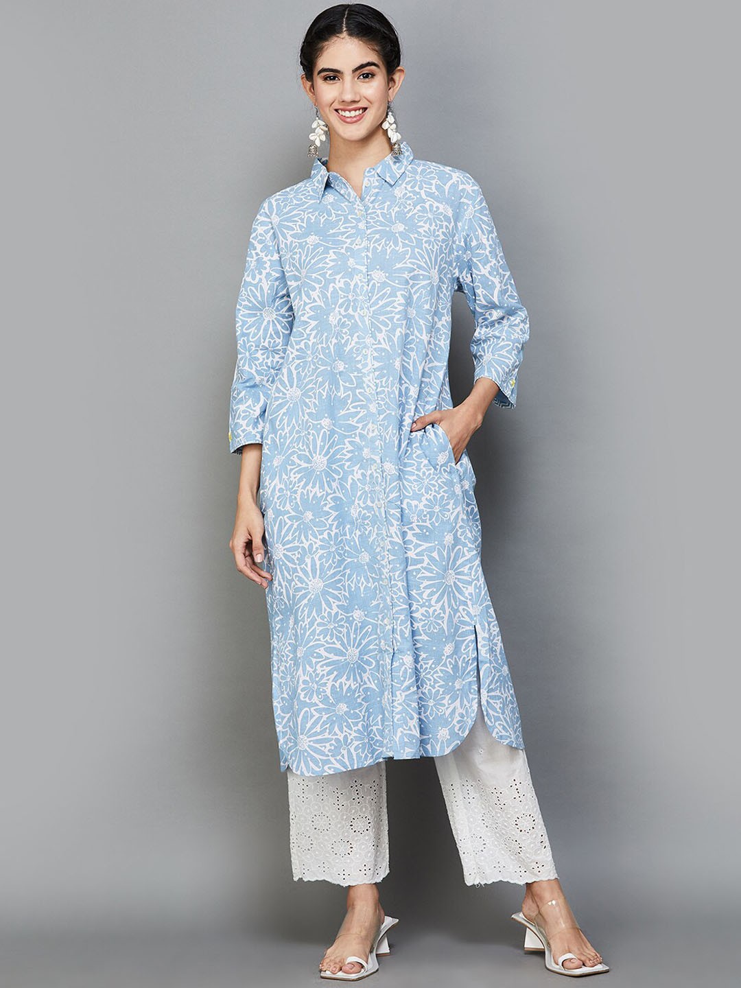 Melange by Lifestyle Geometric Striped Keyhole Neck Flared Sleeves Anarkali Kurta, Blue