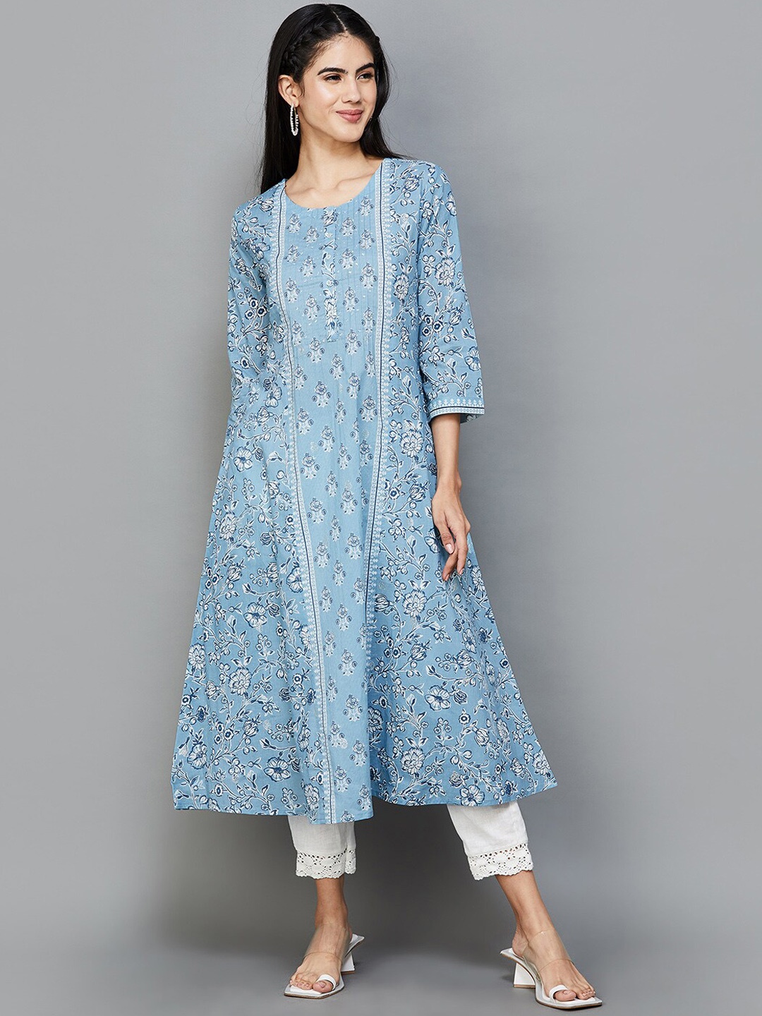 

Melange by Lifestyle Cotton Printed Flared Sleeves Chikankari Kurta, Blue