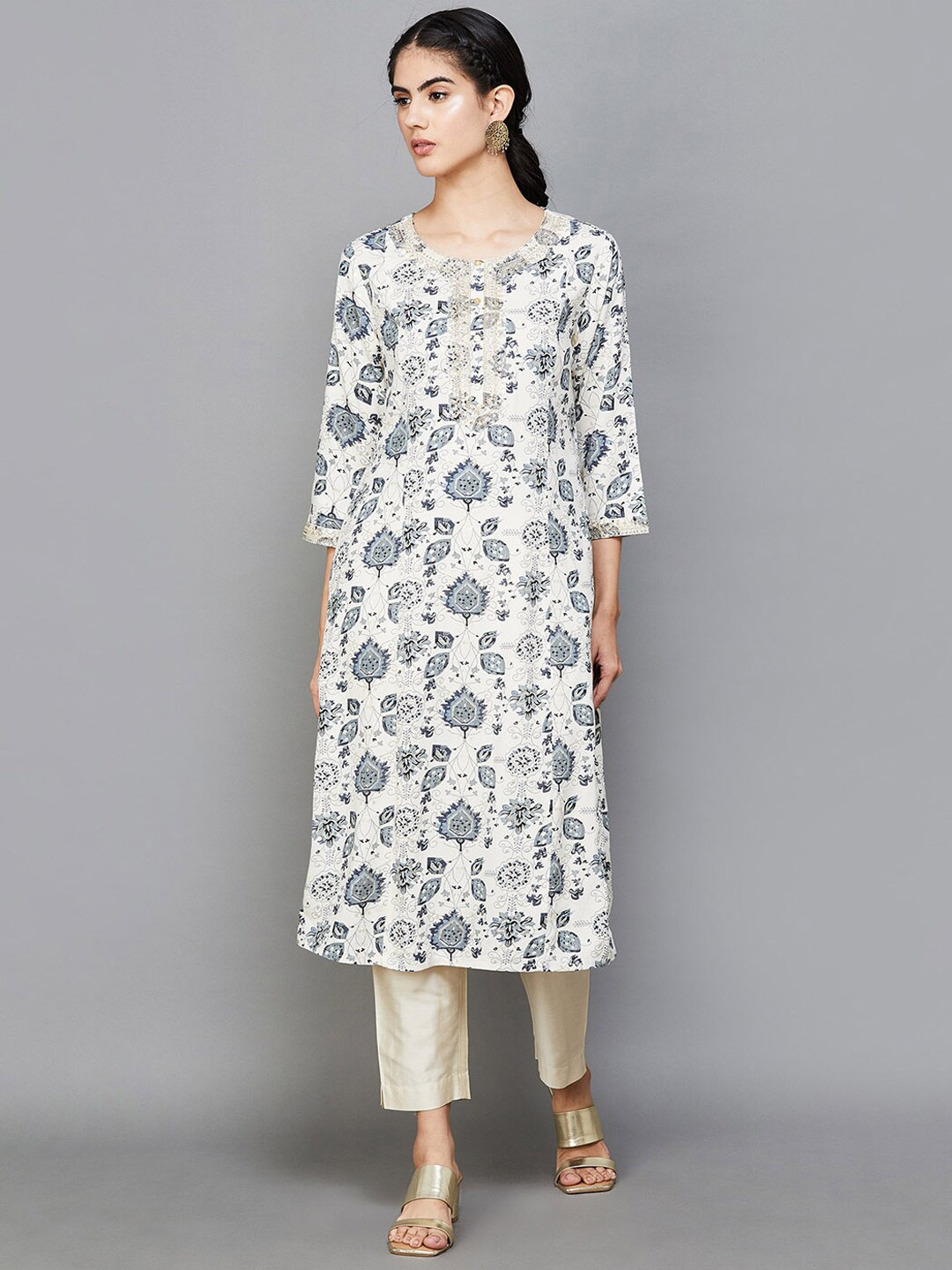 Melange by Lifestyle Printed Round Neck Thread Work Kurta, Off white