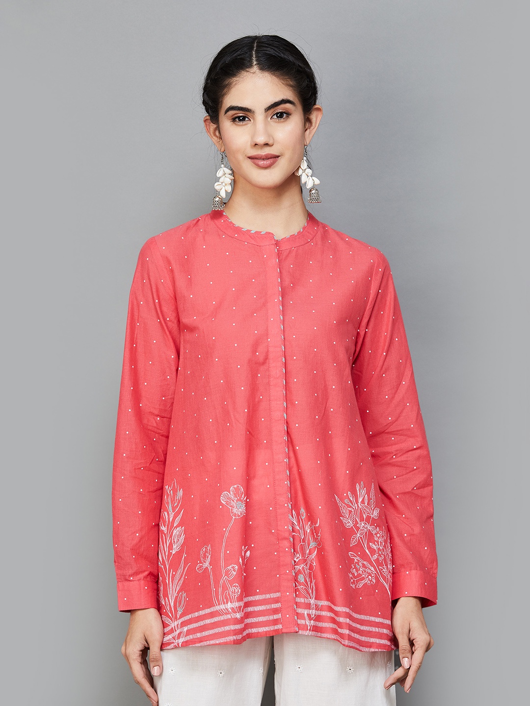 

Melange by Lifestyle Floral Printed Mandarin Collar Pure Cotton Tunic, Coral