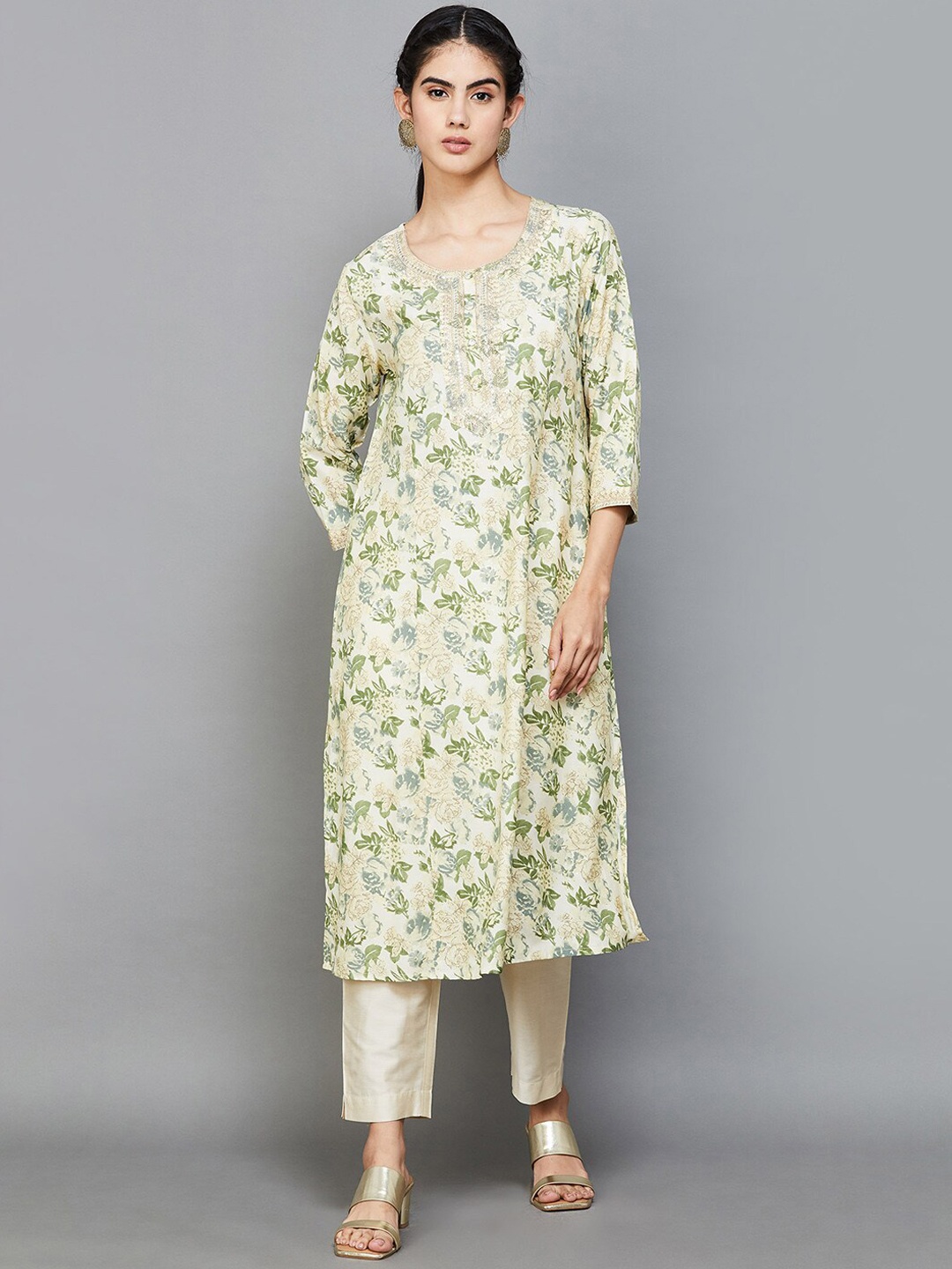

Melange by Lifestyle Floral Printed Beads and Stones Anarkali Kurta, Grey