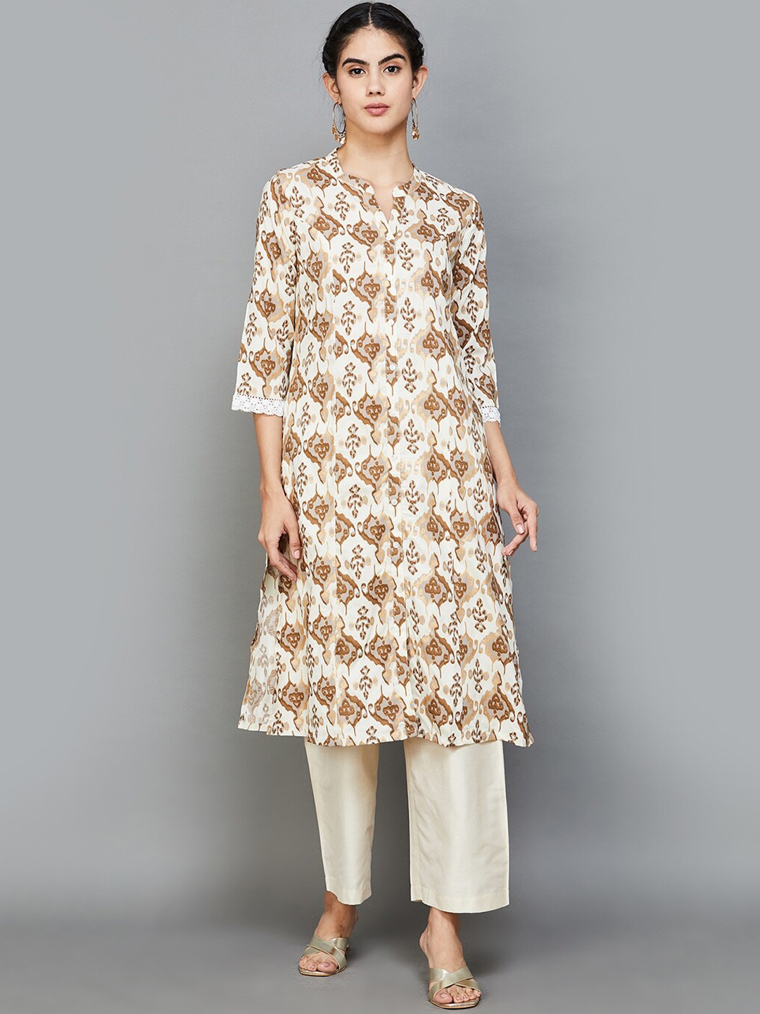 

Melange by Lifestyle Ethnic Motifs Printed Mandarin Collar Kurta, Off white