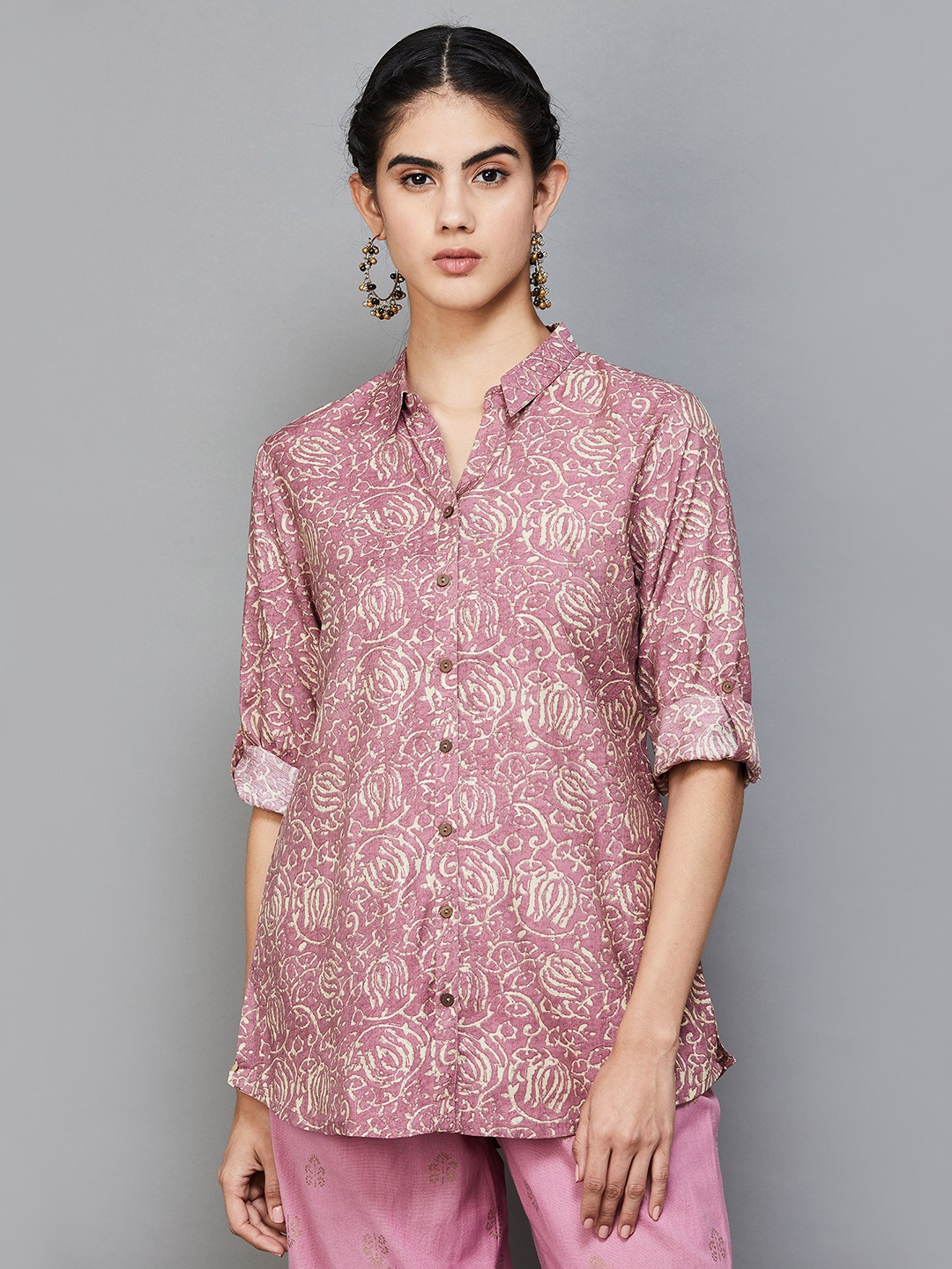

Melange by Lifestyle Floral Printed Shirt Collar A-Line Kurti, Pink