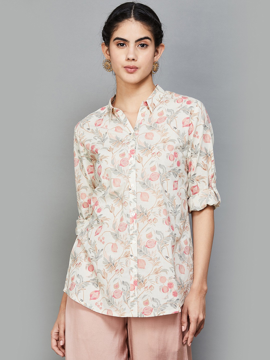 

Melange by Lifestyle Floral Printed Shirt Collar Pure Cotton A-Line Kurti, Off white