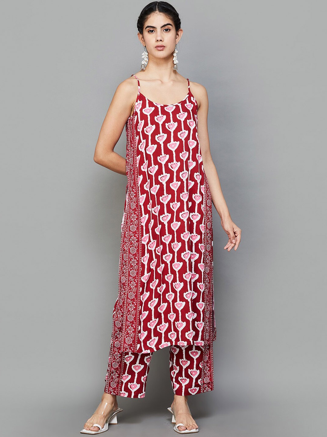 

Melange by Lifestyle Floral Printed Straight Pure Cotton Kurta with Trousers, Red