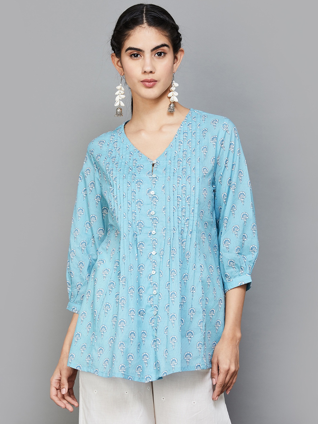

Melange by Lifestyle Floral Printed V-Neck Pure Cotton Tunic, Blue
