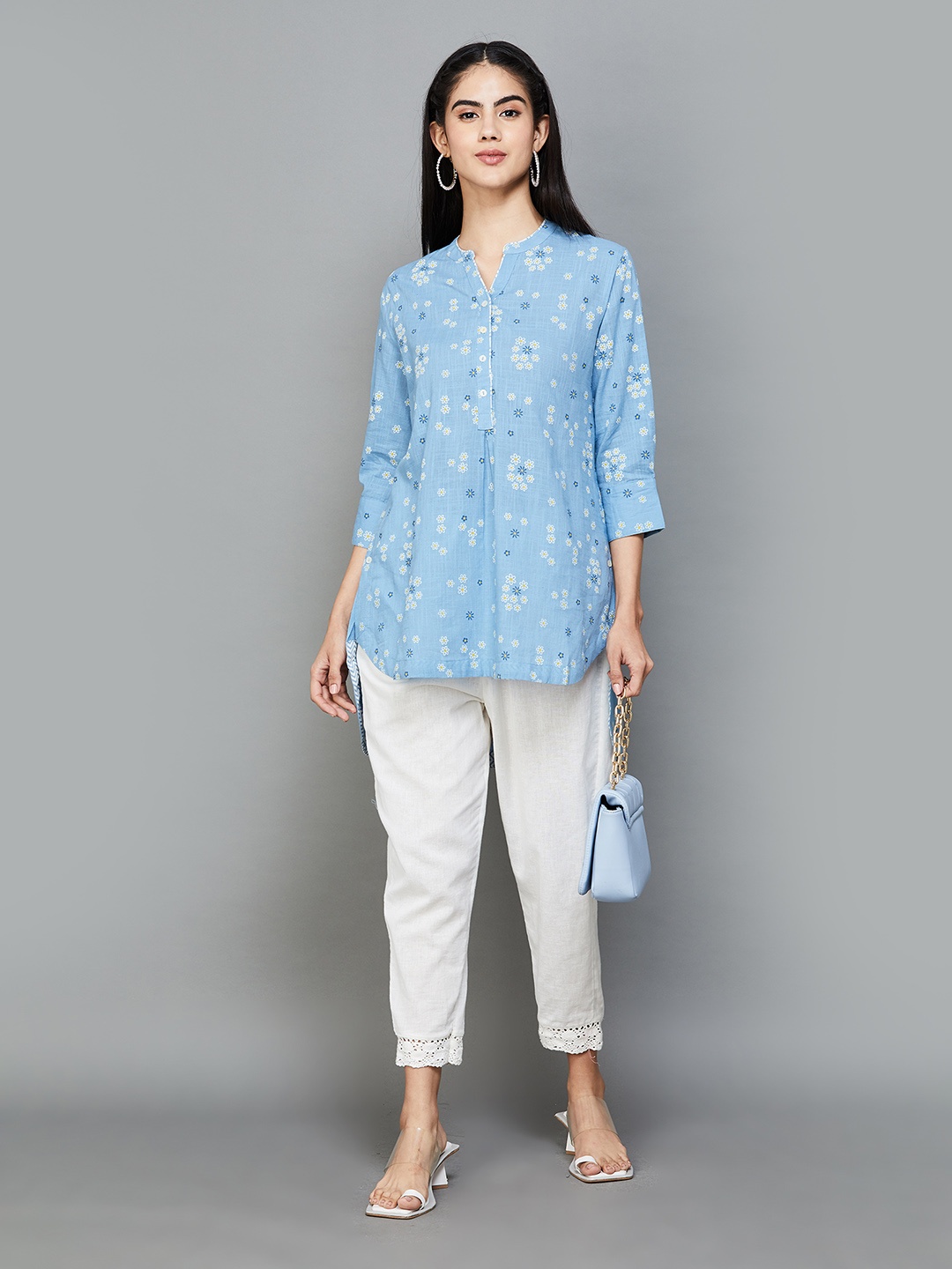 

Melange by Lifestyle Floral Printed Mandarin Collar Pure Cotton Tunic, Blue