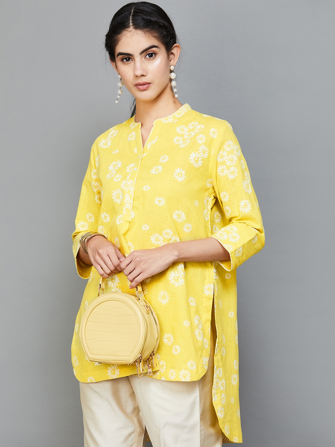

Melange by Lifestyle Floral Printed Mandarin Collar Pure Cotton Tunic, Yellow