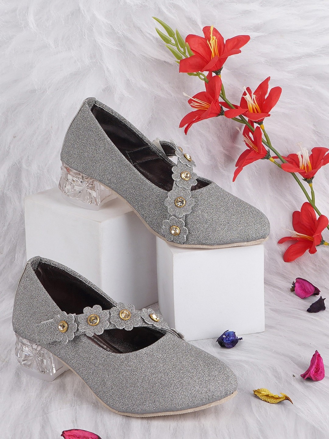 

BAESD Girls Embellished Pointed Toe Block Heel Pumps, Grey