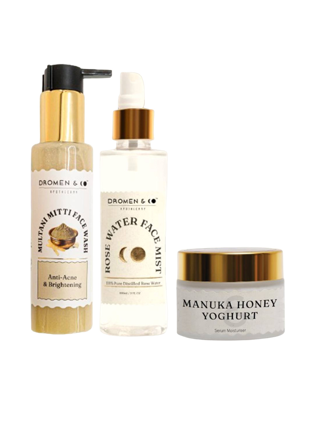 

DROMEN & CO 3Pcs Multani Mitti Facewash-Rose Water Face Mist & Manuka Honey Moisturizer, Yellow