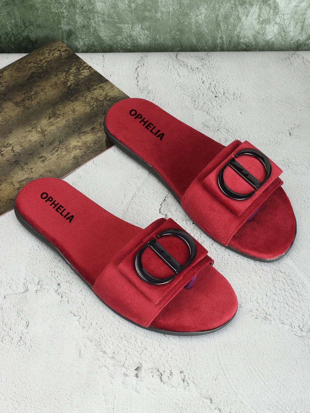 

OPHELIA Embellished Detail Open Toe Flats, Red