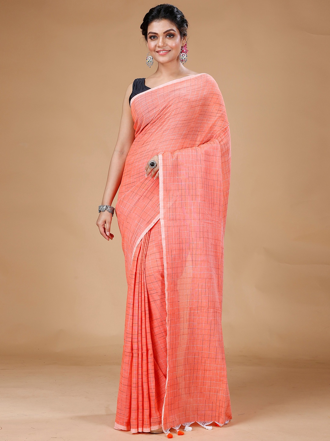 

SLAGHA Checked Pure Cotton Taant Saree with Tassels, Orange