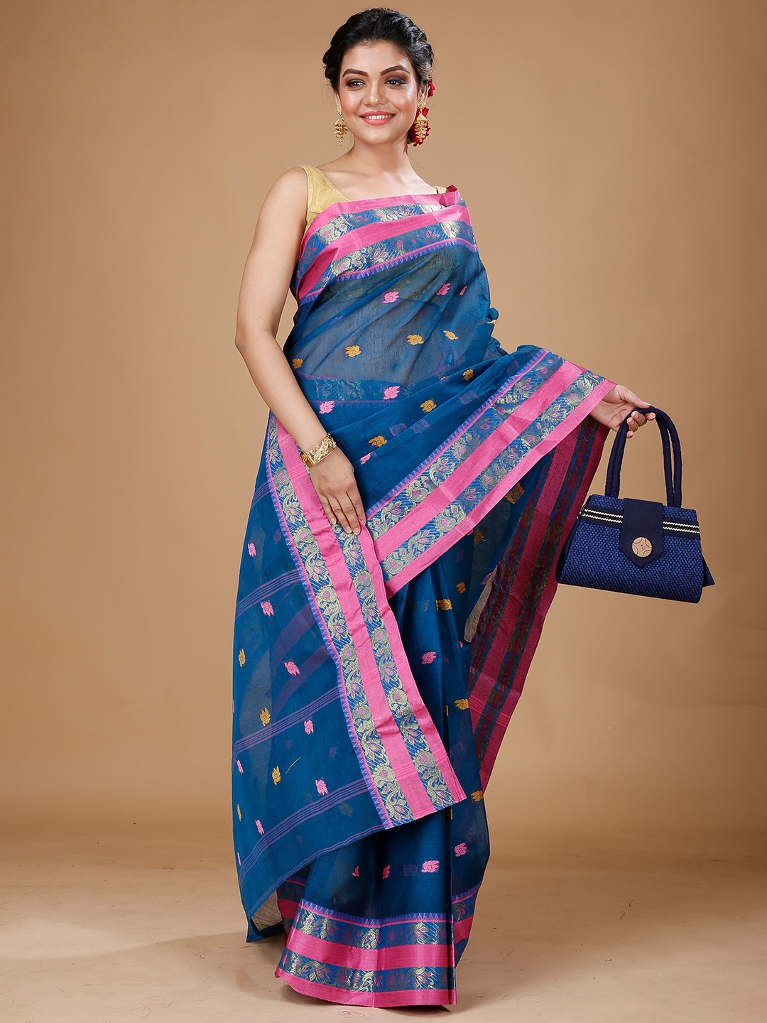 

SLAGHA Woven Design Pure Cotton Taant Saree, Blue
