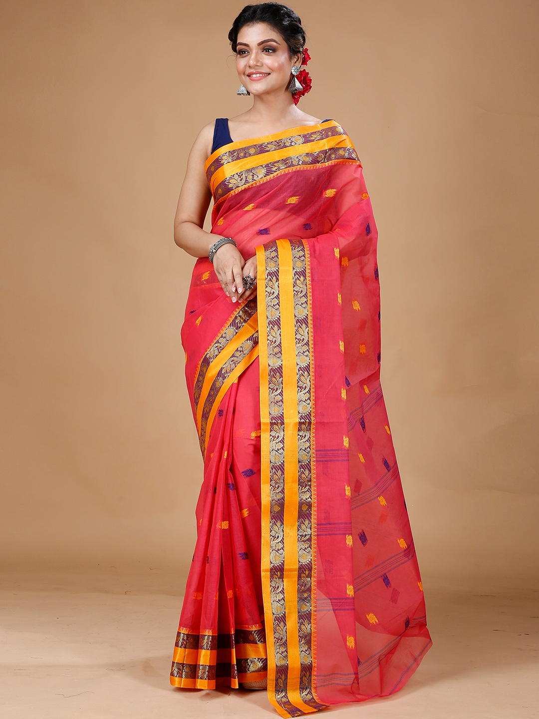 

SLAGHA Woven Design Zari Pure Cotton Taant Saree, Red